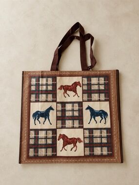 Vintage horse plaid print reusable tote bag